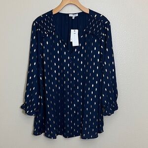 NWT Skies Are Blue Navy Blouse with Metallic Accents